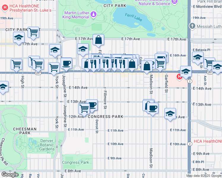 map of restaurants, bars, coffee shops, grocery stores, and more near 1363 Milwaukee Street in Denver