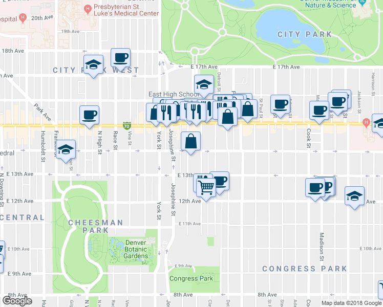 map of restaurants, bars, coffee shops, grocery stores, and more near 1365 Elizabeth Street in Denver