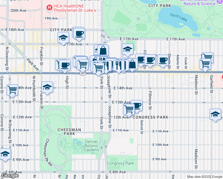map of restaurants, bars, coffee shops, grocery stores, and more near 1369 Columbine Street in Denver