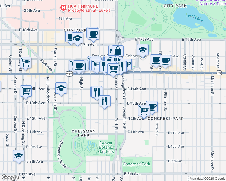 map of restaurants, bars, coffee shops, grocery stores, and more near in Denver