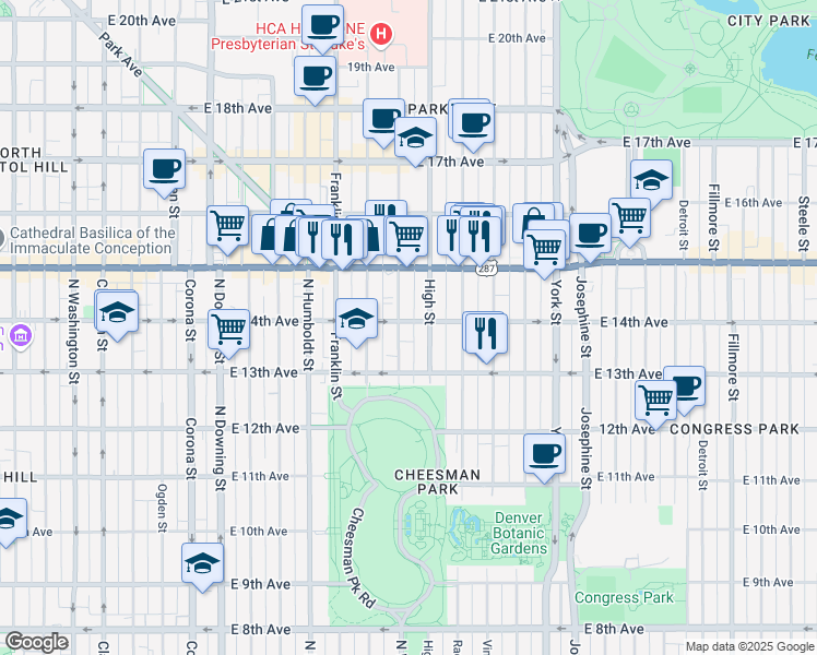 map of restaurants, bars, coffee shops, grocery stores, and more near in Denver