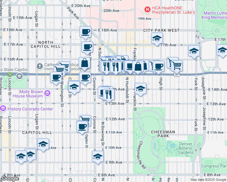 map of restaurants, bars, coffee shops, grocery stores, and more near 1362 North Marion Street in Denver
