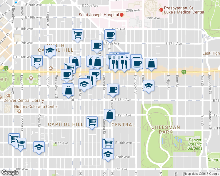 map of restaurants, bars, coffee shops, grocery stores, and more near 1356 North Downing Street in Denver