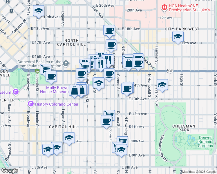 map of restaurants, bars, coffee shops, grocery stores, and more near 700 Colorado Boulevard in Denver
