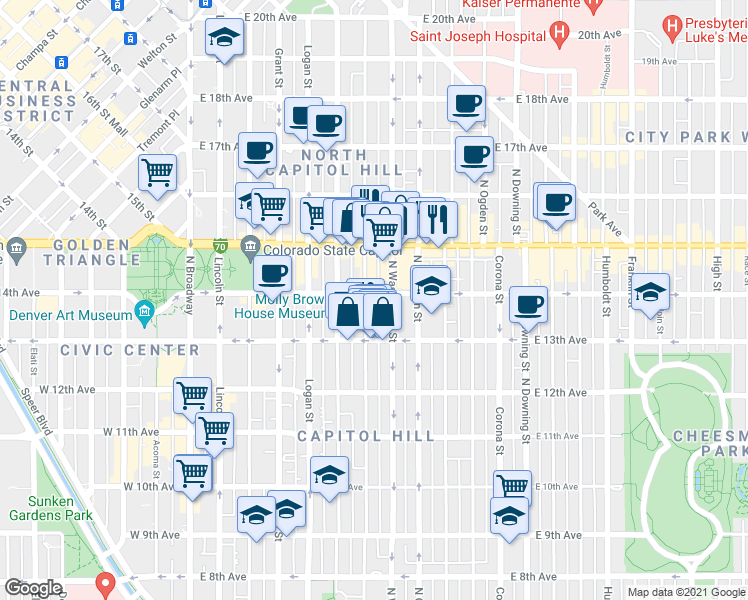 map of restaurants, bars, coffee shops, grocery stores, and more near 1365 North Washington Street in Denver