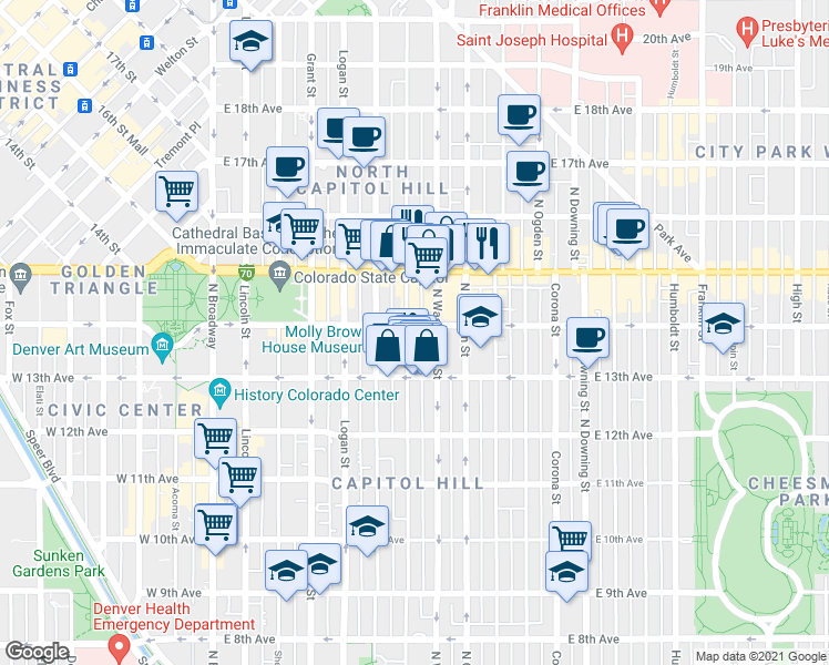 map of restaurants, bars, coffee shops, grocery stores, and more near 1365 North Washington Street in Denver