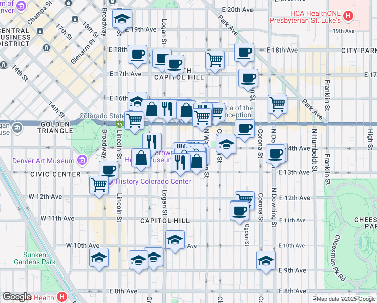 map of restaurants, bars, coffee shops, grocery stores, and more near 522 East 14th Avenue in Denver