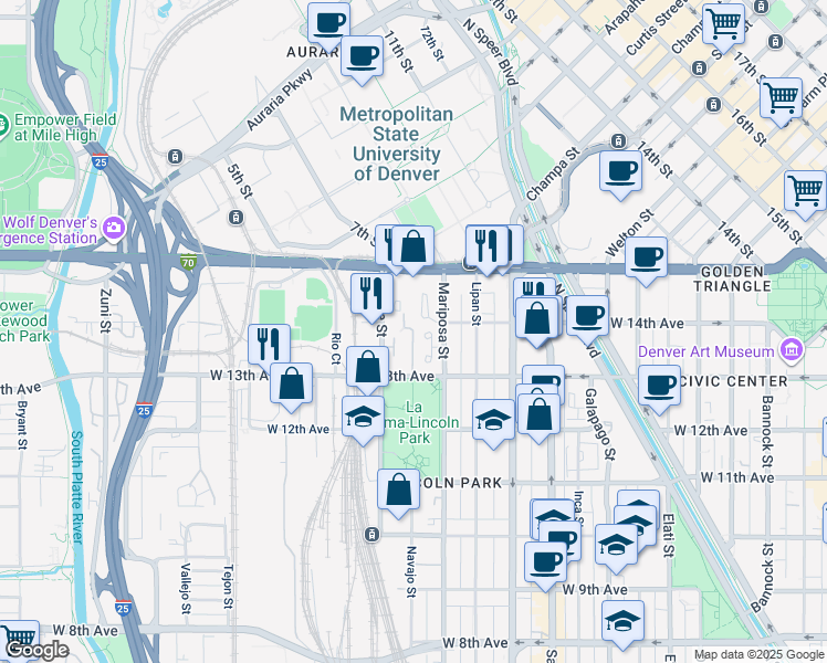map of restaurants, bars, coffee shops, grocery stores, and more near 1382 Osage Street in Denver