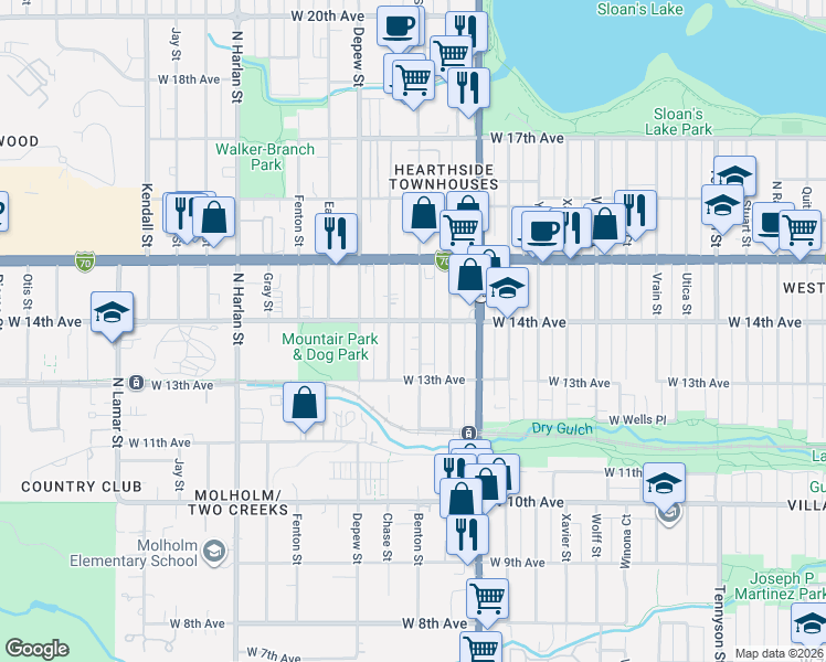 map of restaurants, bars, coffee shops, grocery stores, and more near 1390 Benton Street in Lakewood