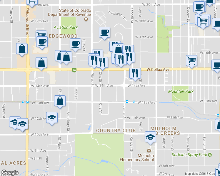 map of restaurants, bars, coffee shops, grocery stores, and more near 6524 West 14th Avenue in Lakewood