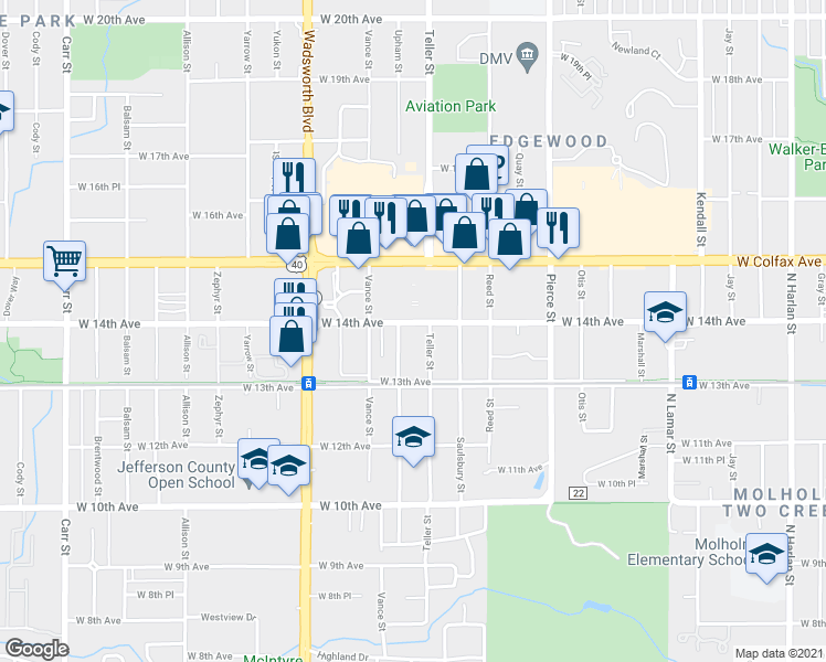map of restaurants, bars, coffee shops, grocery stores, and more near 1383 Upham Street in Lakewood