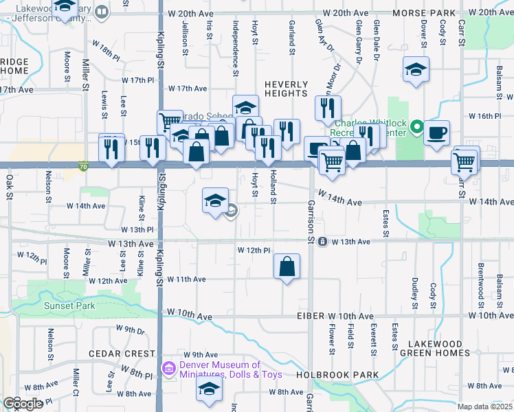 map of restaurants, bars, coffee shops, grocery stores, and more near 1390 Hoyt Street in Lakewood