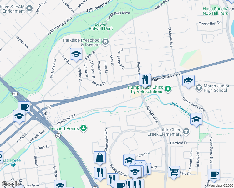 map of restaurants, bars, coffee shops, grocery stores, and more near 1940 Humboldt Road in Chico