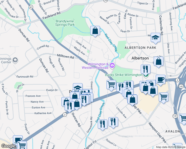 map of restaurants, bars, coffee shops, grocery stores, and more near 607 Greenbank Road in Wilmington