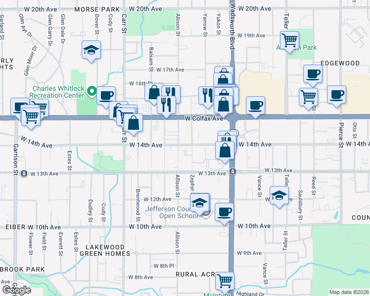 map of restaurants, bars, coffee shops, grocery stores, and more near 1391 Zephyr Street in Lakewood