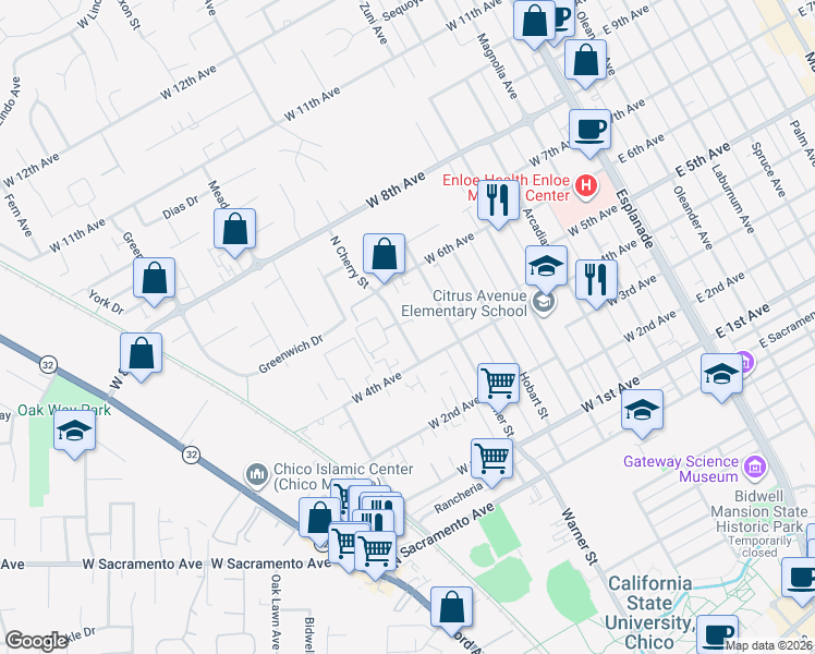 map of restaurants, bars, coffee shops, grocery stores, and more near 1412 North Cherry Street in Chico