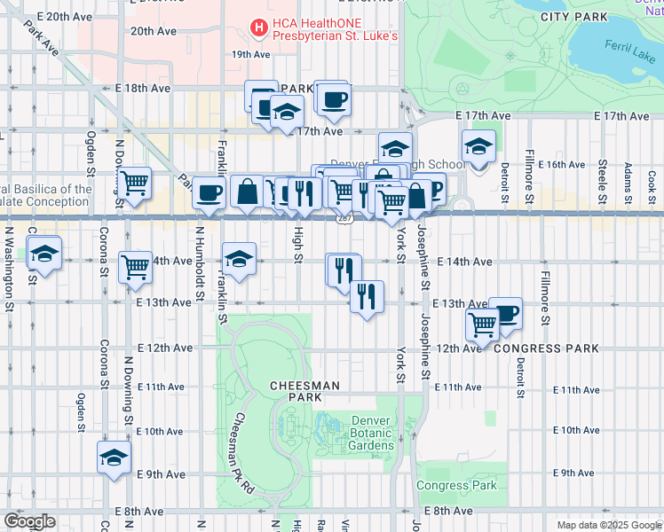 map of restaurants, bars, coffee shops, grocery stores, and more near 1365 Vine Street in Denver