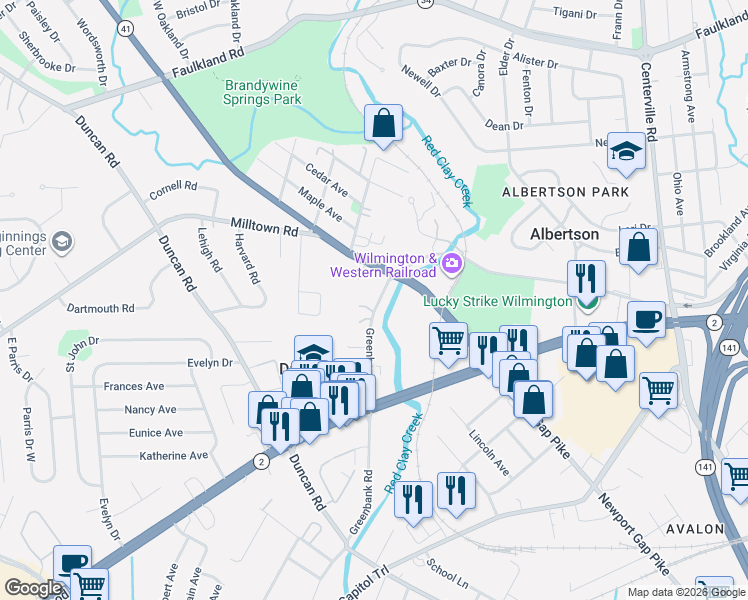 map of restaurants, bars, coffee shops, grocery stores, and more near 607 Greenbank Road in Wilmington