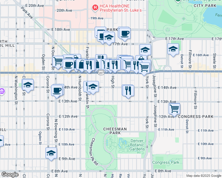 map of restaurants, bars, coffee shops, grocery stores, and more near 1375 High Street in Denver
