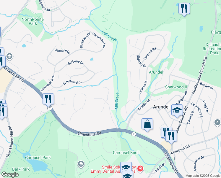 map of restaurants, bars, coffee shops, grocery stores, and more near 35 Ball Farm Way in Wilmington