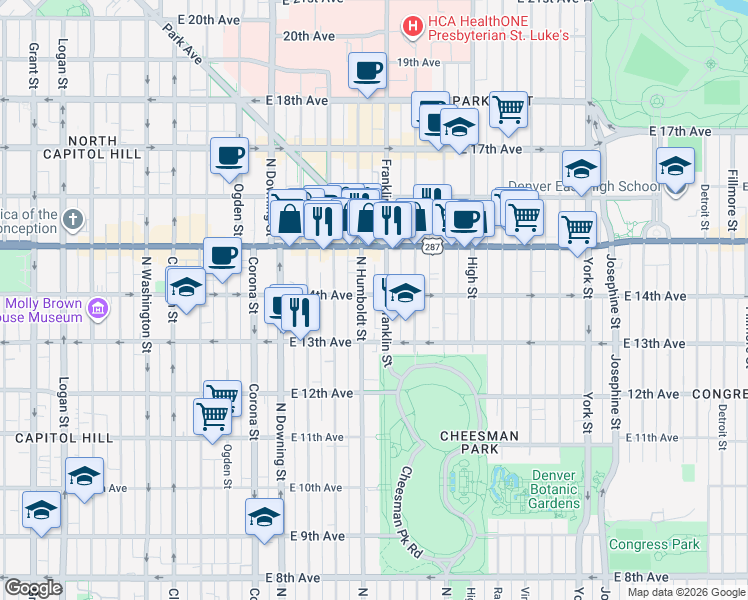 map of restaurants, bars, coffee shops, grocery stores, and more near 1520 14th Avenue in Denver