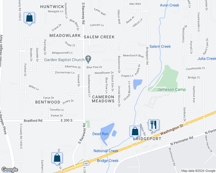 map of restaurants, bars, coffee shops, grocery stores, and more near 1917 Blue Pine Lane in Indianapolis