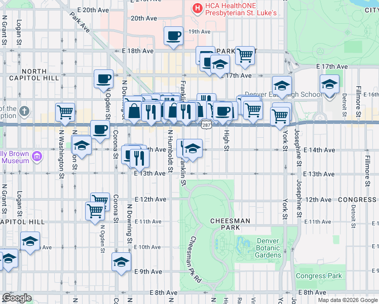 map of restaurants, bars, coffee shops, grocery stores, and more near 1610 East 14th Avenue in Denver