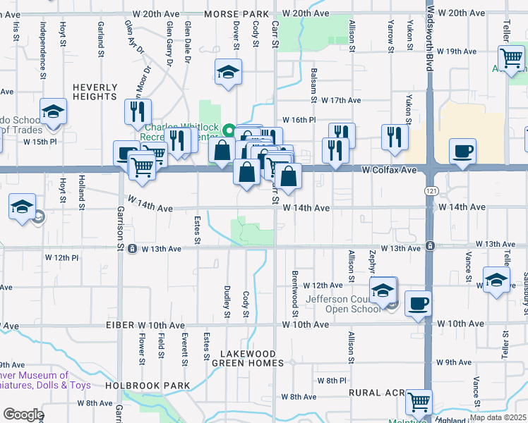 map of restaurants, bars, coffee shops, grocery stores, and more near 8470 West 14th Avenue in Lakewood