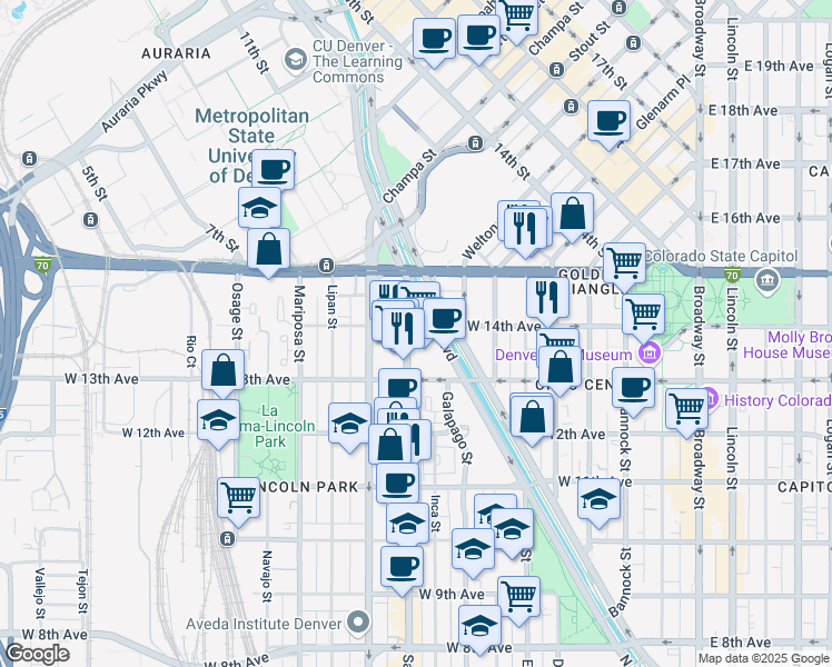 map of restaurants, bars, coffee shops, grocery stores, and more near 1391 Speer Boulevard in Denver