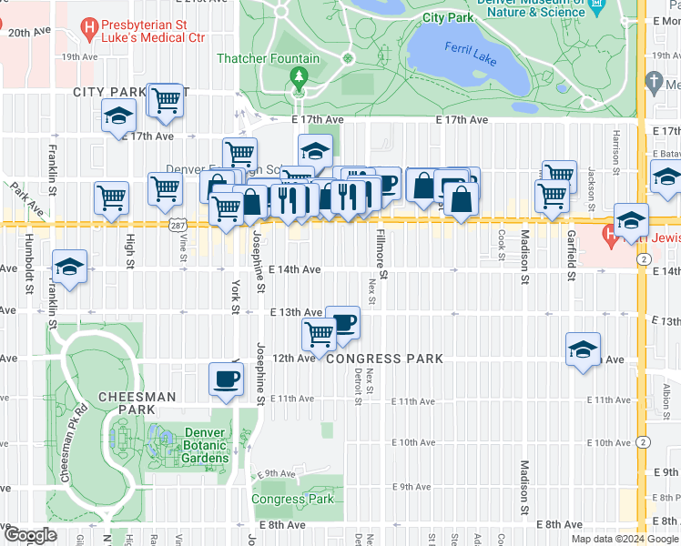 map of restaurants, bars, coffee shops, grocery stores, and more near 2708 East 14th Avenue in Denver