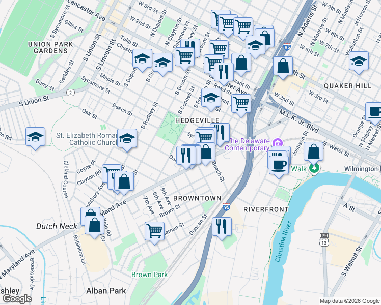map of restaurants, bars, coffee shops, grocery stores, and more near 1103 Columbia Avenue in Wilmington