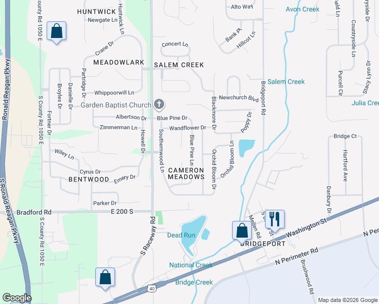 map of restaurants, bars, coffee shops, grocery stores, and more near 1916 Blue Pine Lane in Indianapolis