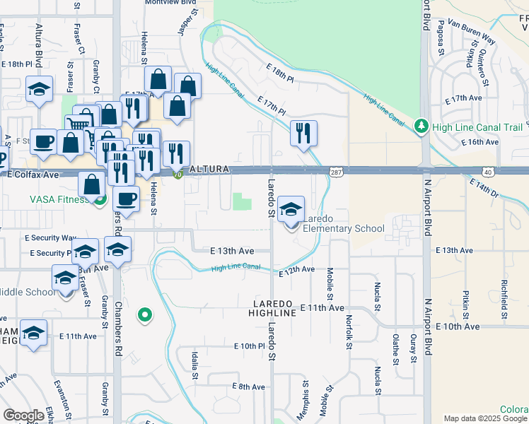map of restaurants, bars, coffee shops, grocery stores, and more near 1400 Laredo Street in Aurora
