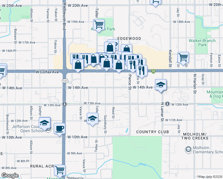 map of restaurants, bars, coffee shops, grocery stores, and more near 1360 Saulsbury Street in Lakewood