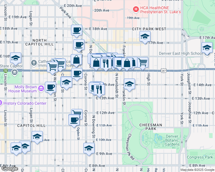 map of restaurants, bars, coffee shops, grocery stores, and more near 1362 North Marion Street in Denver