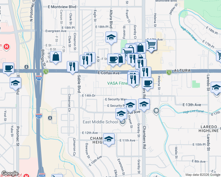 map of restaurants, bars, coffee shops, grocery stores, and more near 14753 East Security Way in Aurora