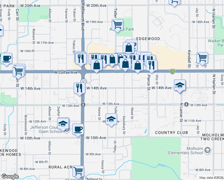 map of restaurants, bars, coffee shops, grocery stores, and more near 7272 West 14th Avenue in Lakewood