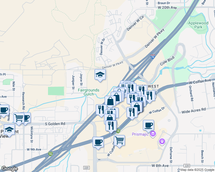 map of restaurants, bars, coffee shops, grocery stores, and more near 1806 Denver West Drive in Lakewood