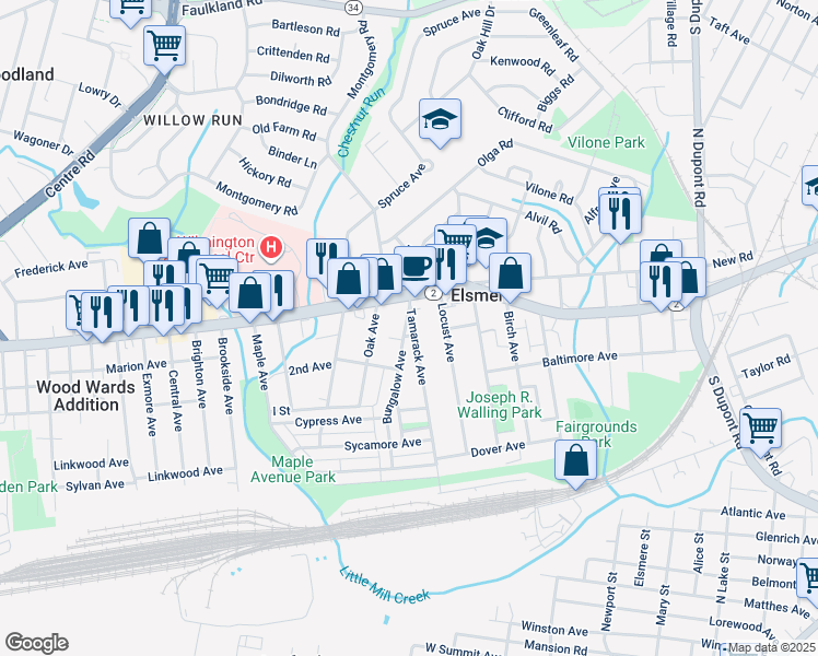 map of restaurants, bars, coffee shops, grocery stores, and more near 1 Bungalow Avenue in Wilmington