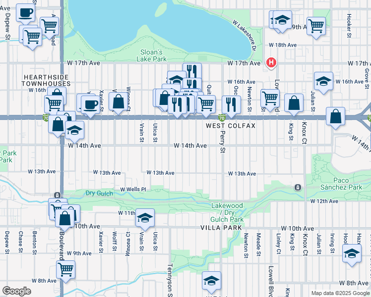 map of restaurants, bars, coffee shops, grocery stores, and more near 1390 Stuart Street in Denver