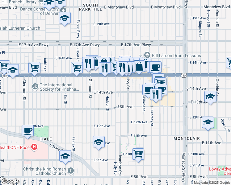map of restaurants, bars, coffee shops, grocery stores, and more near 5600 East 14th Avenue in Denver
