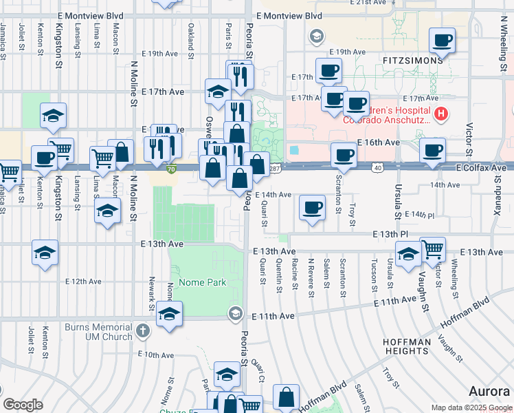 map of restaurants, bars, coffee shops, grocery stores, and more near 1350 Peoria Street in Aurora