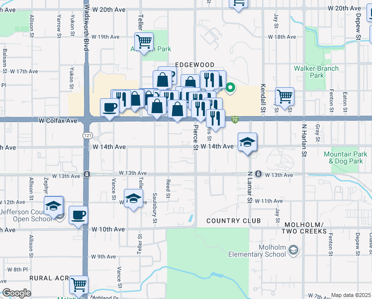 map of restaurants, bars, coffee shops, grocery stores, and more near 6900 West 14th Avenue in Lakewood