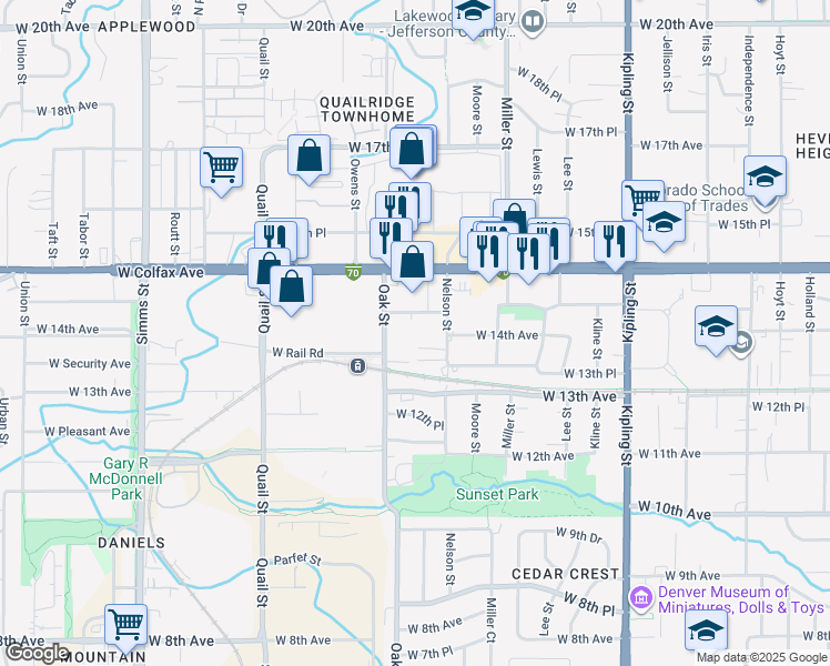 map of restaurants, bars, coffee shops, grocery stores, and more near 1420 Oak Street in Lakewood