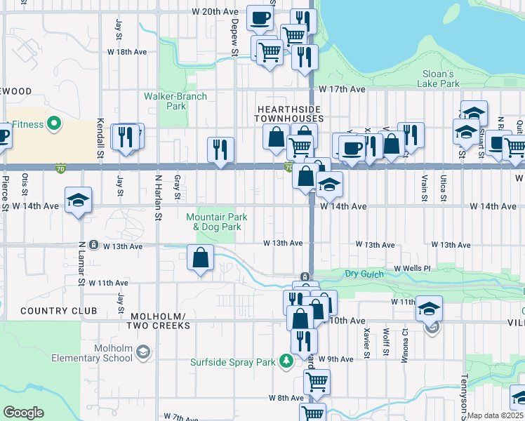 map of restaurants, bars, coffee shops, grocery stores, and more near 5450 West 14th Avenue in Lakewood