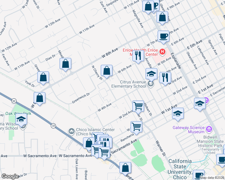 map of restaurants, bars, coffee shops, grocery stores, and more near 1442 North Cherry Street in Chico