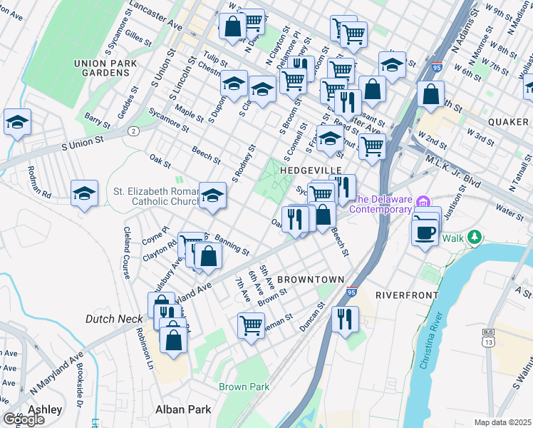 map of restaurants, bars, coffee shops, grocery stores, and more near 1315 Oak Street in Wilmington