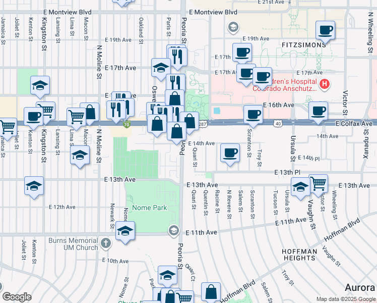 map of restaurants, bars, coffee shops, grocery stores, and more near 1350 Peoria Street in Aurora