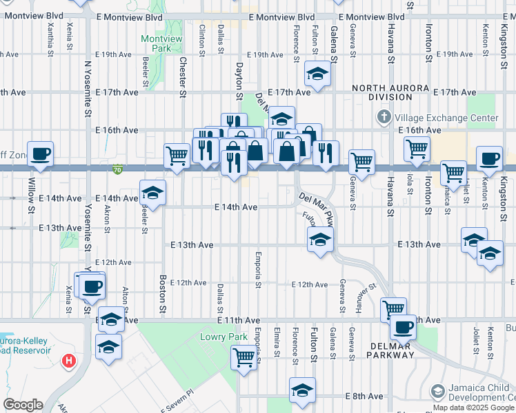 map of restaurants, bars, coffee shops, grocery stores, and more near 1380 Emporia Street in Aurora