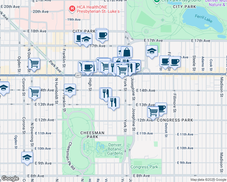 map of restaurants, bars, coffee shops, grocery stores, and more near in Denver